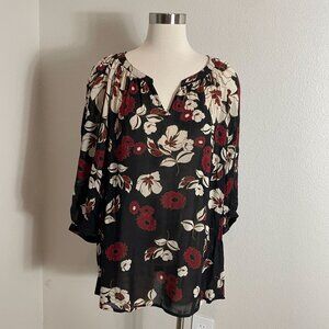 Lucky Brand Womens Plus 2X Floral Tunic Top V Neck 3/4 Sleeve Blouse Shirt